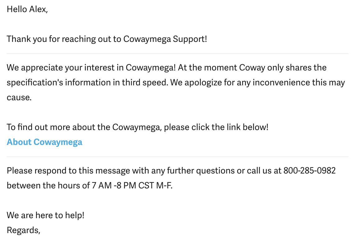 Coway support stating that though inconvenient, they only report information for the third speed. Womp womp.
